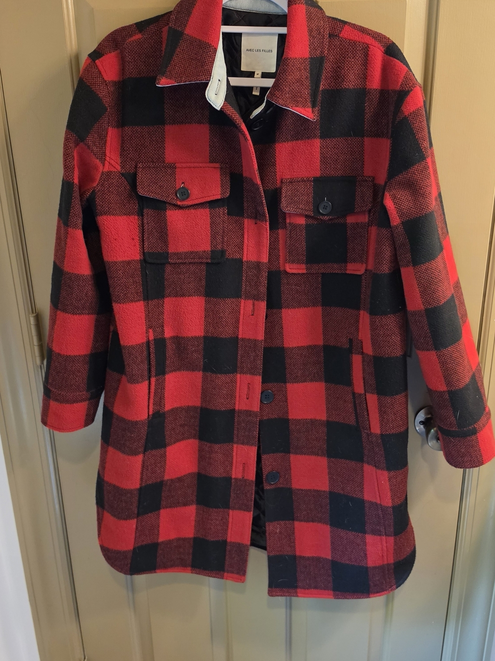 Avec Les Filles Buffalo Plaid Wool Blend Shirt Jacket Coat - Red/ Black - Size M